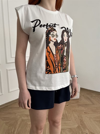 Perfect Match Nakışlı Kolsuz T-shirt Ekru
