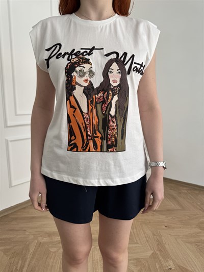 Perfect Match Nakışlı Kolsuz T-shirt Ekru