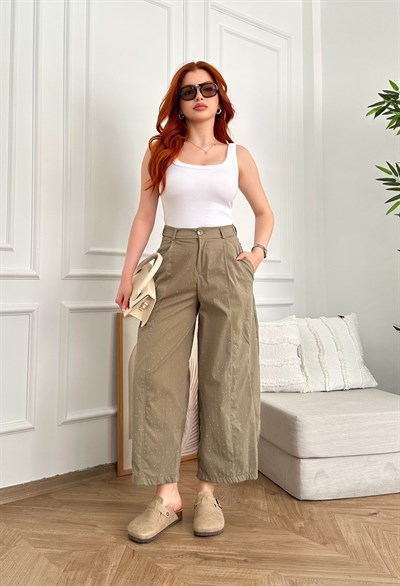 Pile Detay Taşlı Bol Pantolon Haki