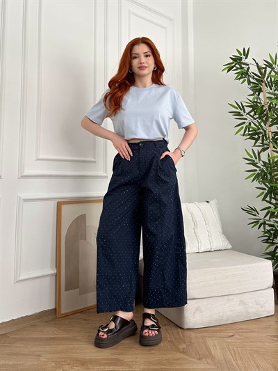Pile Detay Taşlı Bol Pantolon Lacivert