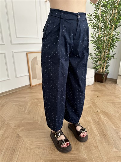 Pile Detay Taşlı Bol Pantolon Lacivert