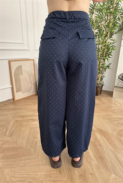 Pile Detay Taşlı Bol Pantolon Lacivert