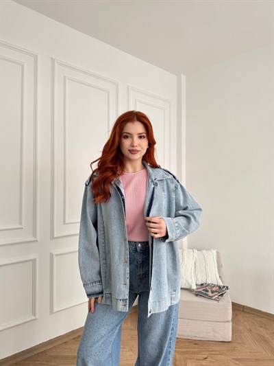 Pileli Oversize Jean Ceket Açık kar