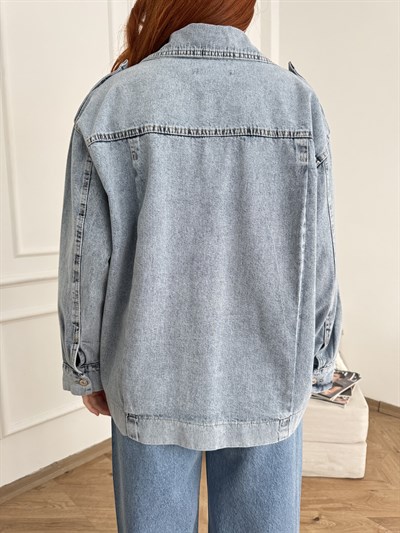 Pileli Oversize Jean Ceket Açık kar