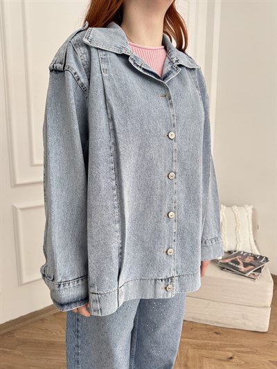 Pileli Oversize Jean Ceket Açık kar