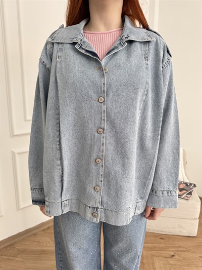 Pileli Oversize Jean Ceket Açık kar