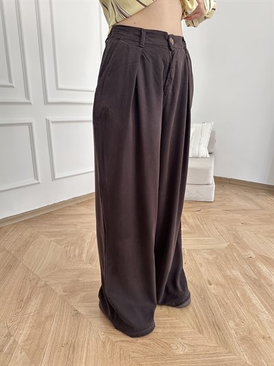 Pileli Tensel Pantolon Acı kahve