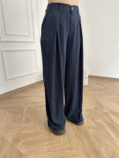 Pileli Tensel Pantolon Lacivert