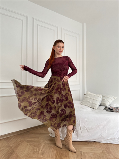 Piliseli Desenli Etek Yeşil-mürdüm