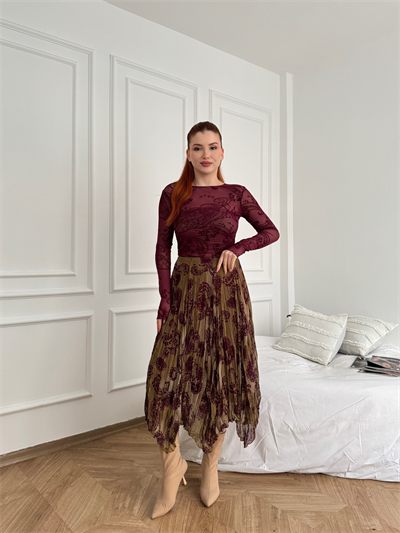 Piliseli Desenli Etek Yeşil-mürdüm