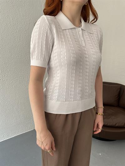 Polo Yaka Ajurlu Bluz Beyaz
