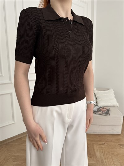 Polo Yaka Ajurlu Bluz Koyu kahve