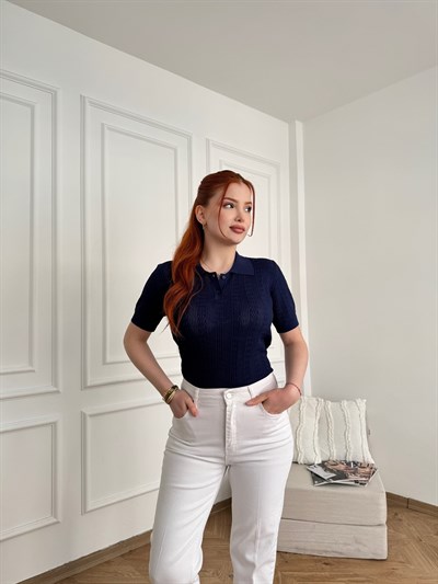 Polo Yaka Ajurlu Bluz Lacivert