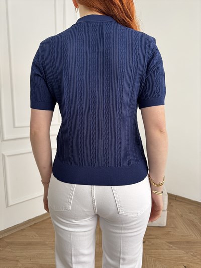 Polo Yaka Ajurlu Bluz Lacivert