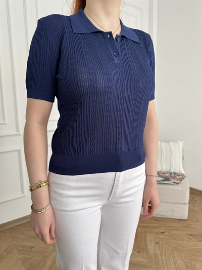 Polo Yaka Ajurlu Bluz Lacivert