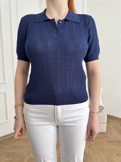 Polo Yaka Ajurlu Bluz Lacivert