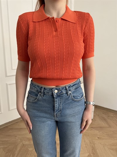 Polo Yaka Ajurlu Bluz Oranj