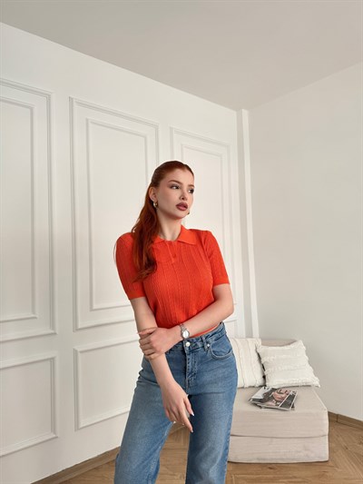 Polo Yaka Ajurlu Bluz Oranj
