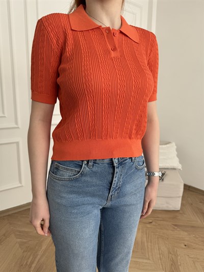 Polo Yaka Ajurlu Bluz Oranj