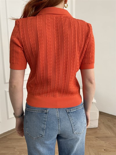 Polo Yaka Ajurlu Bluz Oranj