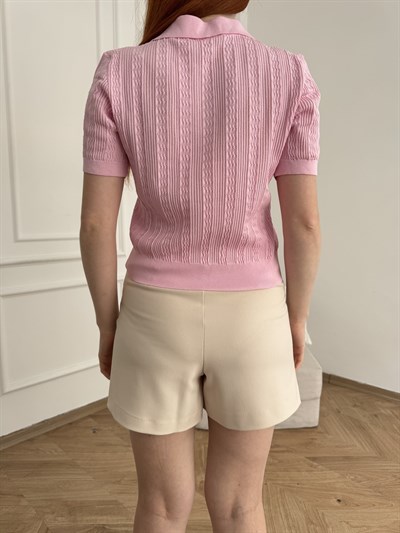 Polo Yaka Ajurlu Bluz Pembe
