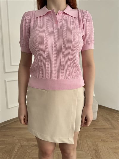 Polo Yaka Ajurlu Bluz Pembe