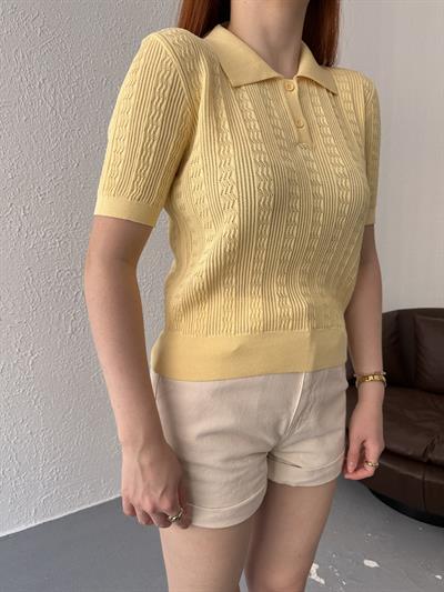 Polo Yaka Ajurlu Bluz Sarı