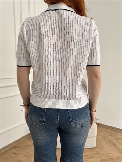 Polo Yaka Ajurlu Kısa Kol Triko Beyaz