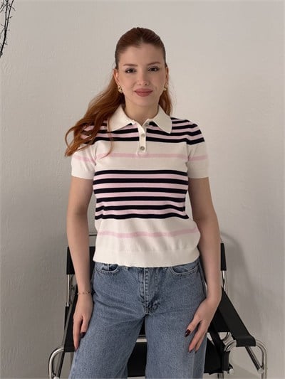 Polo Yaka Çizgili Kısa Kol Triko Ekru