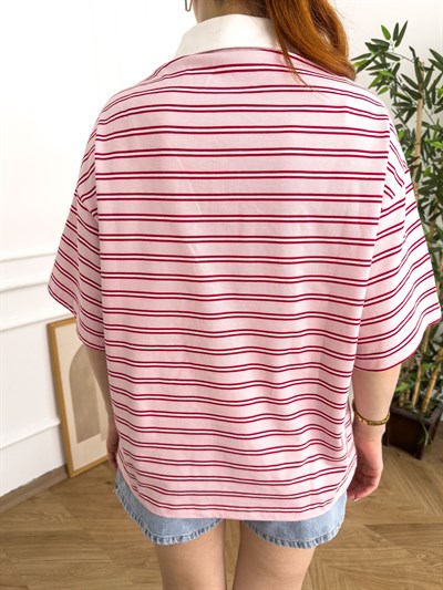 Polo Yaka Çizgili Oversize Tshırt Pembe-kırmızı