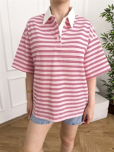 Polo Yaka Çizgili Oversize Tshırt Pembe-kırmızı
