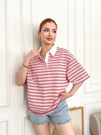 Polo Yaka Çizgili Oversize Tshırt Pembe-kırmızı