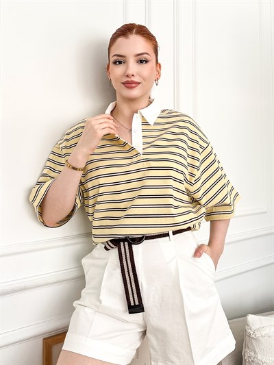 Polo Yaka Çizgili Oversize Tshırt Sarı_kahve
