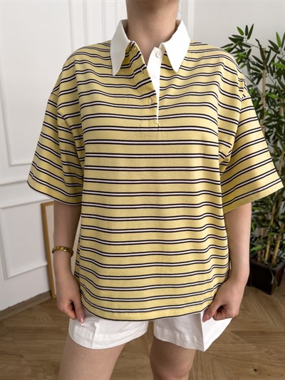Polo Yaka Çizgili Oversize Tshırt Sarı_kahve