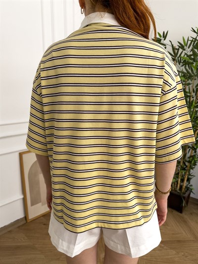 Polo Yaka Çizgili Oversize Tshırt Sarı_kahve