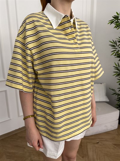 Polo Yaka Çizgili Oversize Tshırt Sarı_kahve
