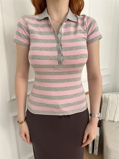 Polo Yaka Düğmeli Kalın Çizgili T-shirt Pembe-gri