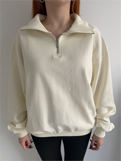 Polo Yaka Fermuarlı Oversize Sweatshırt Naturel