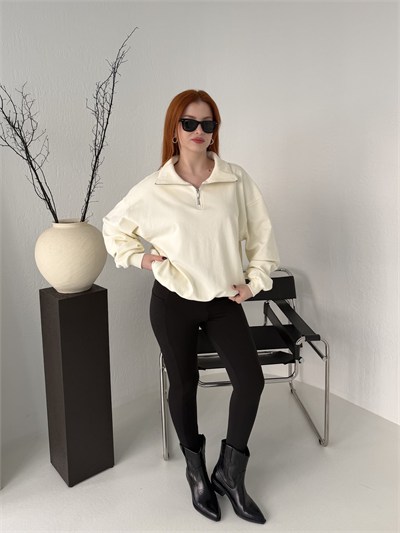 Polo Yaka Fermuarlı Oversize Sweatshırt Naturel