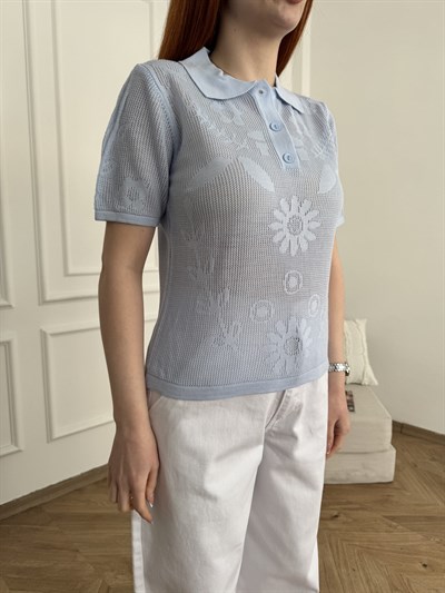 Polo Yaka Kısa Kol Ajurlu Triko Bebe mavi