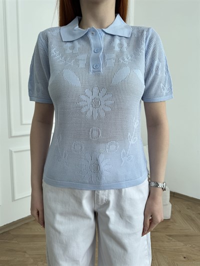 Polo Yaka Kısa Kol Ajurlu Triko Bebe mavi