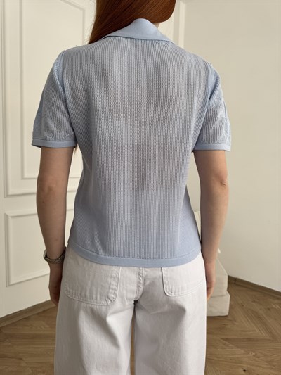 Polo Yaka Kısa Kol Ajurlu Triko Bebe mavi