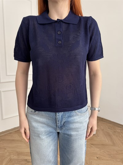Polo Yaka Kısa Kol Ajurlu Triko Lacivert