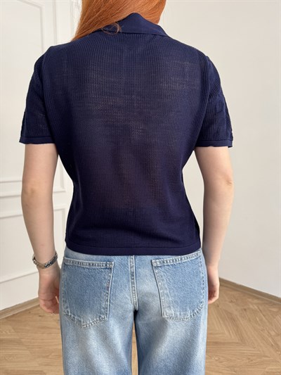 Polo Yaka Kısa Kol Ajurlu Triko Lacivert