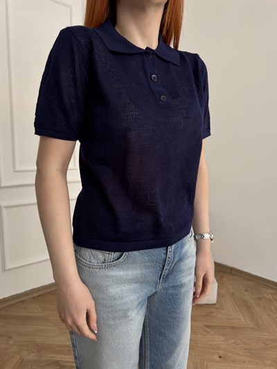 Polo Yaka Kısa Kol Ajurlu Triko Lacivert
