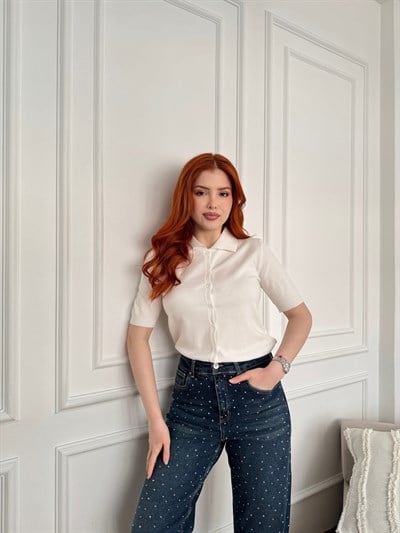 Polo Yaka Kısa Kol Hırka Ekru