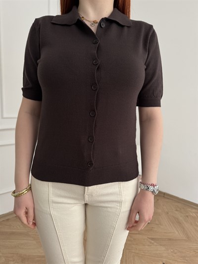 Polo Yaka Kısa Kol Hırka Kahve