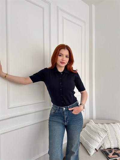 Polo Yaka Kısa Kol Hırka Lacivert