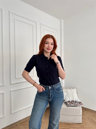 Polo Yaka Kısa Kol Hırka Lacivert
