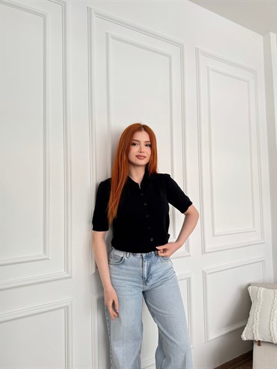 Polo Yaka Kısa Kol Hırka Siyah